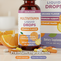 OEM/ODM Marque privée |   Multivitamines liquides pour adultes, saveur orange - 2FL OZ, fournissant énergie, immunité, santé globale, complément alimentaire
