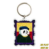 Porte-clés Panda dans un cadre orné, portrait artistique en acrylique avec pipe, cheveux bleus et bordure violette, breloque original style musée