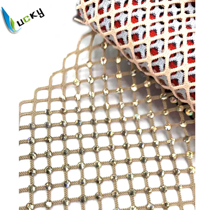 Lucky direct factory cheap quality 1.5 meter strass mesh fabric strass fabric net mesh con strass pieni per danci