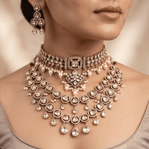 Luxury Uncut Brass Moissanite Vintage Gold Plated <b>Bridal</b> Set Designer Broad Choker Layered Long Necklace & <b>Drop</b> <b>Earrings</b> Wedding - Product Image 5