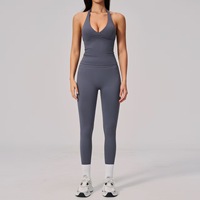 Ensemble d'entraînement sans couture 2 pièces pour femme, débardeur à col en V et leggings taille haute pleine longueur