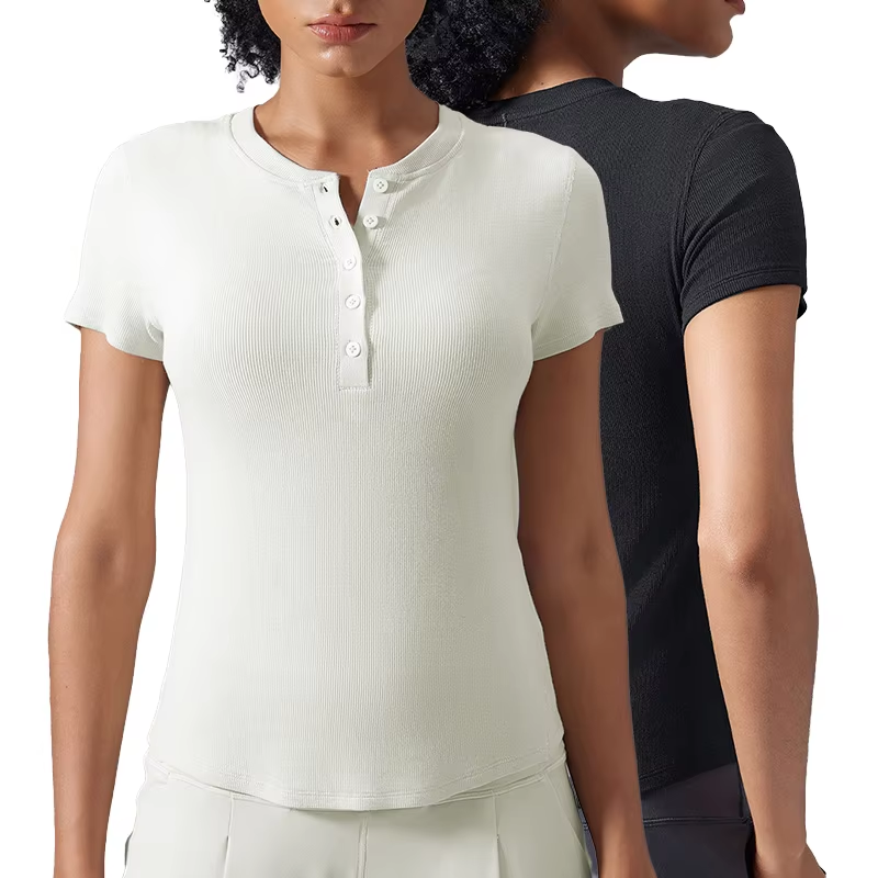 Wholesale Women's Solid Color Summer Yoga Top Custom Short Sleeve Buttons Neck Slim Fit Ribbed Sports T-Shirt