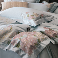 Ensemble de literie 4 pièces en coton à fibres longues, tissu satiné haute densité, housse de couette brodée de fleurs résistante