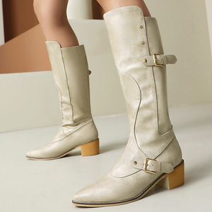 Big Size 47 Low Chunky Heels Belt Metal Buckles Shoes Women Pointed Toe Cowboy Knee High <b>Boots</b> on Wide Fit Long Booties - Product Image 5