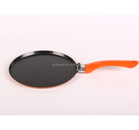 Panci Paella Datar Baja Karbon, Keamanan Makanan Bulat Hitam Tidak Lengket Lapisan Tertawa dan Panci Krep dengan Pegangan Bakelite Lurus