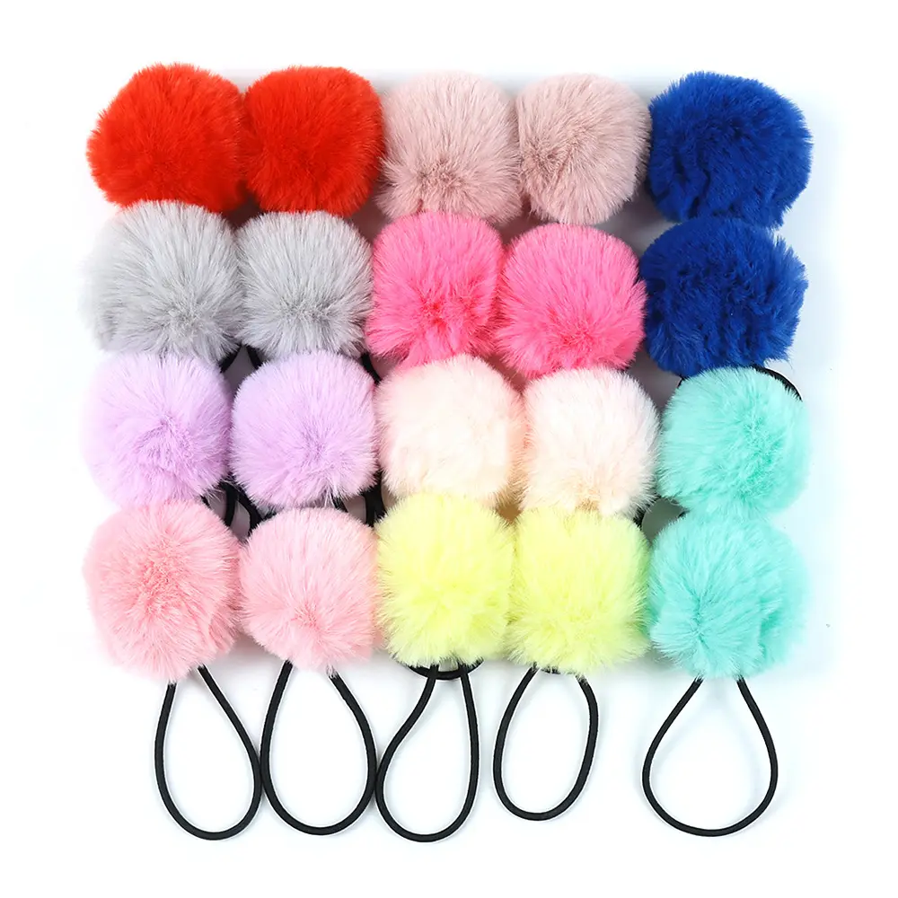 Bulu Pompom Bola Pita Rambut Warna-warni Busur Ponytail Holder Pom Pom Buah Elastis Ikat Rambut Aksesoris