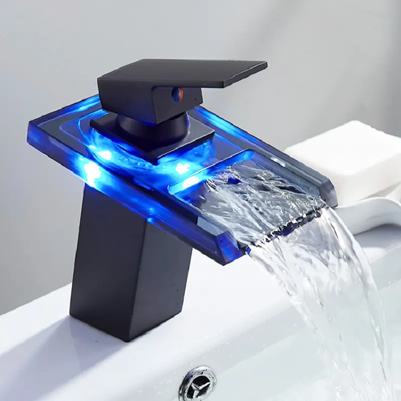 Hot Sale LED Drei Farben ändern Wasserfall Wasserhahn Schwarz Chrom Farbe Bad Waschbecken Wasserhahn