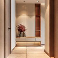 Banc d'entrée peu encombrant avec armoire à chaussures, portes pleine hauteur et étagères de présentation lumineuses pour les couloirs d'appartements modernes
