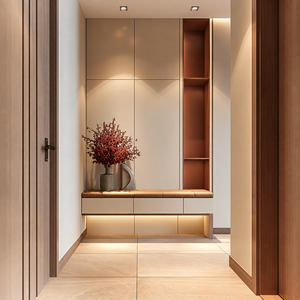 Banc <span class=keywords><strong>d</strong></span>'entrée peu encombrant avec armoire à chaussures, portes pleine hauteur et étagères de présentation lumineuses <span class=keywords><strong>pour</strong></span> les couloirs <span class=keywords><strong>d</strong></span>'appartements modernes - Product Image 2