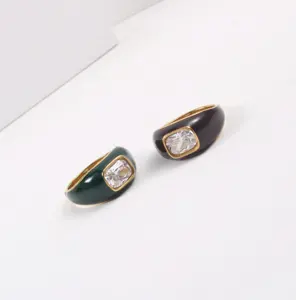 Brown and Green Enamel Ring Rectangle Signet Cubic Zirconia Diamond Rings Chunky Ring Vintage Women Jewelry Hot