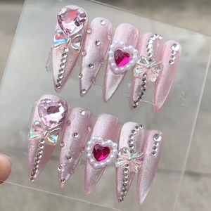 Suministros para <span class=keywords><strong>uñas</strong></span> 24 piezas Stiletto largo Cateyes Color Rosa Press-on acrílico francés <span class=keywords><strong>uñas</strong></span> postizas arte <span class=keywords><strong>con</strong></span> lazo 3D cromo <span class=keywords><strong>corazones</strong></span> joyería - Product Image 1