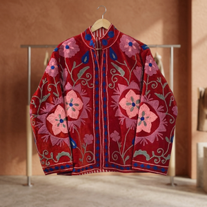 Chaqueta de Invierno para Mujer, Diseño Floral, Cuello Mao, Terciopelo Rojo, Transpirable, Algodón, Manga Larga - Product Image 3