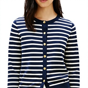 Cardigan en tricot rayé pour femme, manches longues, col rond, fin, pour l'été, à superposer - Product Image 1