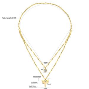 Collar de Acero con Colgante de Libélula de Doble Cadena Chapado en Oro de 14k para Mujer - Product Image 4