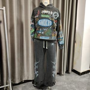 Pantalones de chándal con capucha para hombre, extragrandes, con lavado ácido, impresión digital personalizada OEM, diseño de pedrería apilada y efecto acampanado - Product Image 2