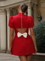 Robe de soirée élégante pour femme, rouge, coupe trapèze, mini, à manches courtes, taille haute, avec nœud en satin tissé, robe rouge tendance avec nœud
