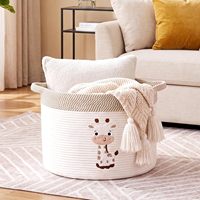 Grand panier de rangement tressé Ours et Girafe, écologique, pliable, en corde 100% coton, 20x14 pouces, Marron Blanc, pour chambre d'enfant/laverie