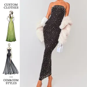 Black Luxury Long Dress Women For Night Party Ball Gown Crystal-Embellished Strapless Bodycon Casual Maxi Dress