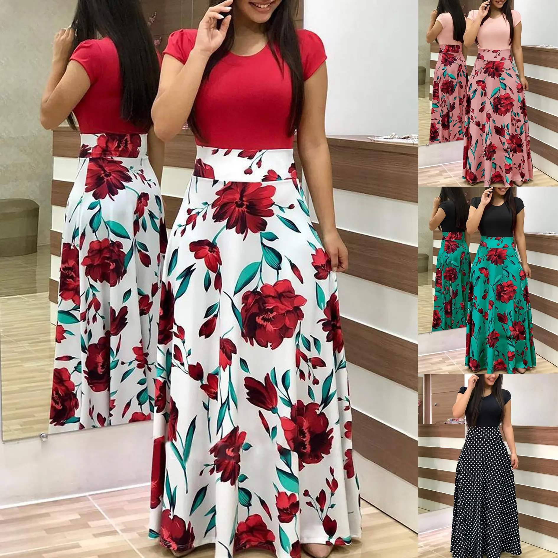 Women Summer Dress Casual Short Sleeve Boho Floral Print Long Maxi Dress Elegant Dresses