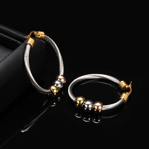 Hoop <b>Earrings</b> 3Mm Stainless Steel Two Tone Beaded Round Cable Women's <b>Stud</b> <b>Earrings</b> Fashion Simple Geometric Design - Product Image 4