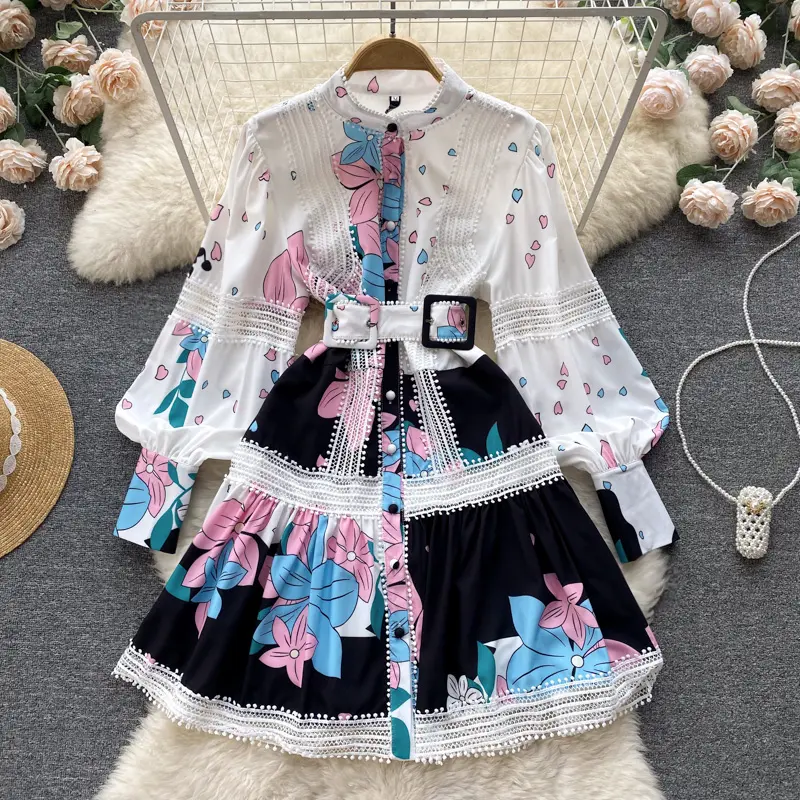 Factory Price Elegant Casual Dresses Ladies Fashion Dating Outfits Flower Pattern Cuffs Tightened Women's Long Sleeve Dresses