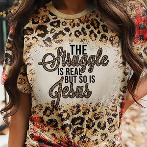 Western Vintage Style Damen Casual Tops Kurzarm O-Ausschnitt Leopard Bedruckte Hemden Lose Bluse Basic T-Shirt - Product Image 1