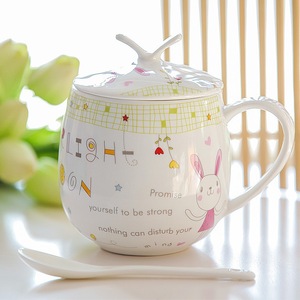 Tazza in Porcellana Cinese con Coperchio e Cucchiaio, Design Creativo, 450ml, Senza BPA, Resistente al Calore, Adatta per Microonde e <span class=keywords><strong>Forno</strong></span>, Ecologica, Tazza per Latte - Product Image 3