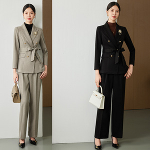 Women's Wool Suit Set Solid Color Double Breasted Blazer With Belt Pants Anti-Wrinkle Formal Wear - Product Image 3