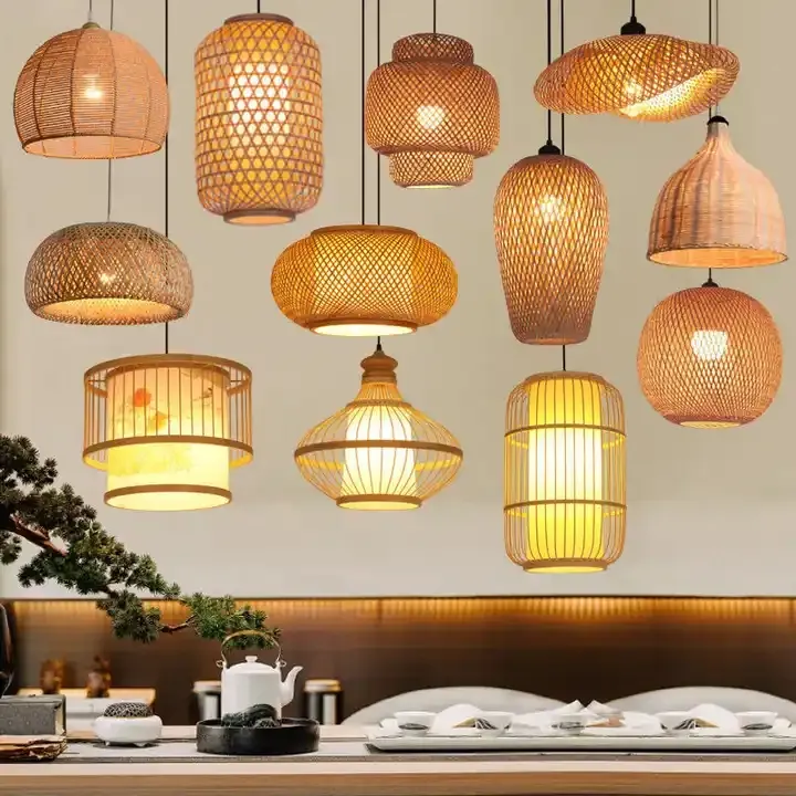 Lampu gantung rotan buatan tangan, lampu liontin bambu dekorasi rumah restoran Hotel alami