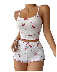 Meilleur femmes été dentelle nuisette vêtements de nuit ensembles nouveau Style coeur imprimé doux Shorts taille élastique vie quotidienne maison porter des pyjamas - Product Image 1