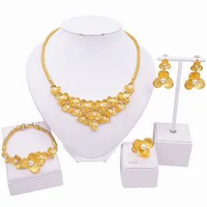 Brazil Jewelry Clear Flower Pearl Golden 24K Plated Shiny Buling Jewellery Sets Necklace Bangle Ring Earrings Women Jewelry Set