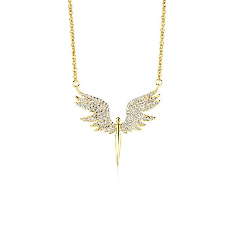 Ladies dainty 18k gold plated 925 silver zircon angel wings charm elegant pendent necklace