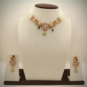 Traditional Gold Tone Choker <b>Necklace</b> <b>Set</b> with Pink Floral Stones <b>Pearl</b> Strands and Matching Drop Earrings Bridal Jewelry - Product Image 4