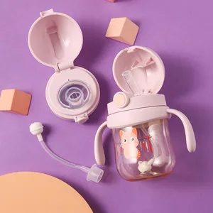 Taza de agua escolar portátil para niños, vasos de alimentación de bebé de dibujos animados con pajitas, botellas de agua a prueba de fugas