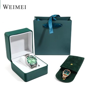 Boîte de rangement de luxe pour montre individuelle en gros, élégante, en cuir PU vert, avec logo personnalisé, étui de présentation de bijoux pour montres - Product Image 1