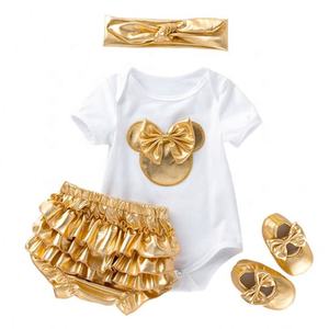 4 Piezas <span class=keywords><strong>Mickey</strong></span> Ropa de Verano para Bebé Niña Recién Nacida, Conjunto de Pijama Corto Dorado + Mameluco Enterizo para Bebé Recién Nacido - Product Image 3