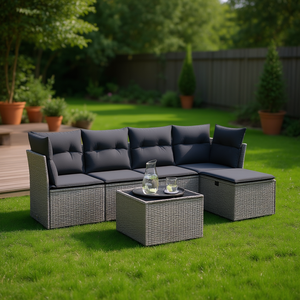 Conjunto de Sofás Modulares de Ratán Gris para Jardín, Colección de Muebles de Exterior con Cojines, Diseño Contemporáneo - Product Image 2