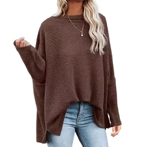 OEM Großhandel Waffel Strick Oblique Schulter Langarm Western Wear Loose Top für Frauen