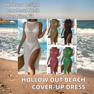 Al por mayor Blusa de playa tipo vestido de cubierta de bikini de color liso con estampado a cuadros, sexy, calado, con protección solar, con logo frontal, 1 pieza, con tanga - Product Image 2