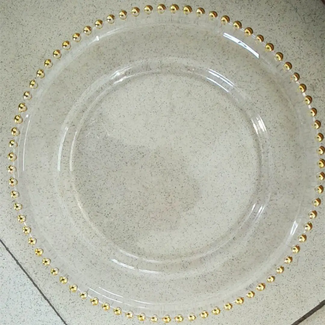 Temizle düğün altın cam tabaklar toptan gümüş boncuklu düğün dekorasyon için suplalar yemek seti