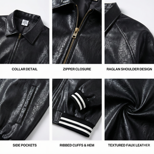 Blouson de moto d'hiver personnalisé pour hommes grande taille en cuir PU, double fermeture éclair, manches longues, coupe-vent, imperméable, motif uni - Product Image 2