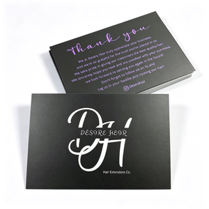 Cartes de remerciement personnalisées de luxe avec logo de marque, impression violette et blanche, noir mat, pour les marques d'extensions capillaires - Product Image 1