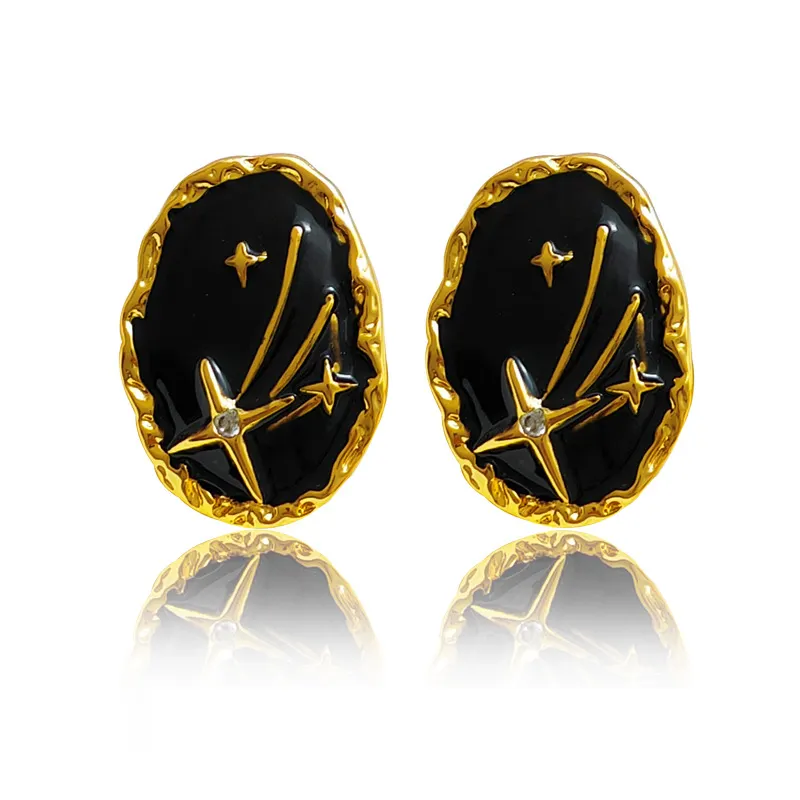 Wholesale Copper 18k Gold Plated Vintage Meteor Shooting Star Stud Black Drip Oil Temperament Earrings Stud Piercing Jewelry