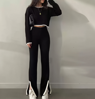Ensemble coordonné en maille 100 % cachemire pour femme : haut côtelé à bordure contrastante et pantalon évasé à ourlet fendu – Tenue décontractée en maille pour femme