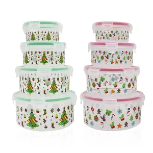 24 Wholesale Food Storage Container Christmas Square 7x7x4.7in Plastic W/4  Prints Xmas Label/3 Color Lids - at 