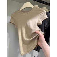 T-shirt blanc décontracté à épaules dénudées, col rond, manches courtes, couleur unie, tricoté 160g, pour femme, printemps 2025, coupe ajustée, flatteur pour la silhouette