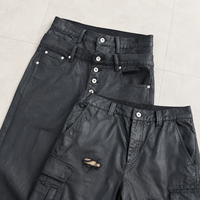YUCHEN Jean short en denim ciré coupe bootcut vintage personnalisé, taille double couche, style streetwear ample, rock revival pour homme