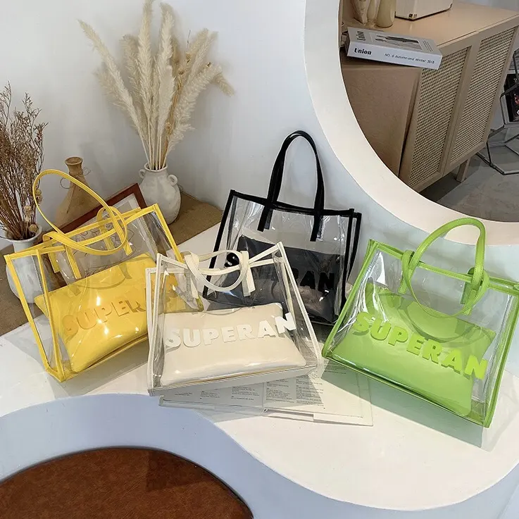 2021Wholesale Plain clear pvc tote bag With Green Yellow PU Custom logo colour shopping bag