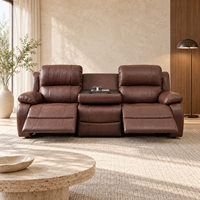 Canapé inclinable moderne en cuir marron 3 places avec structure en bois, inclinaison électrique, massage, table rabattable, télécommande