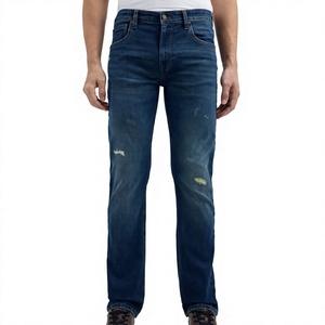High Street Embroidered Ripped <b>Jeans</b> Men <b>Elastic</b> Slim Leg Distressed Streetwear Washed Denim Wholesale OEM Bulk Custom - Product Image 2